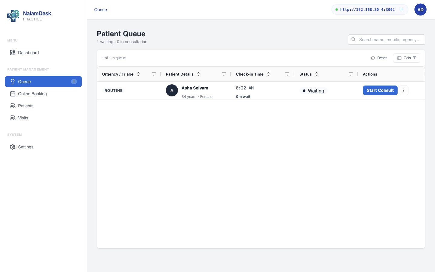 Patient queue with urgency triage